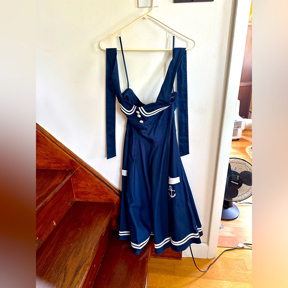 Hell Bunny Vixen Sailor Style Navy White Dress with Skull Anchor Detail Pockets